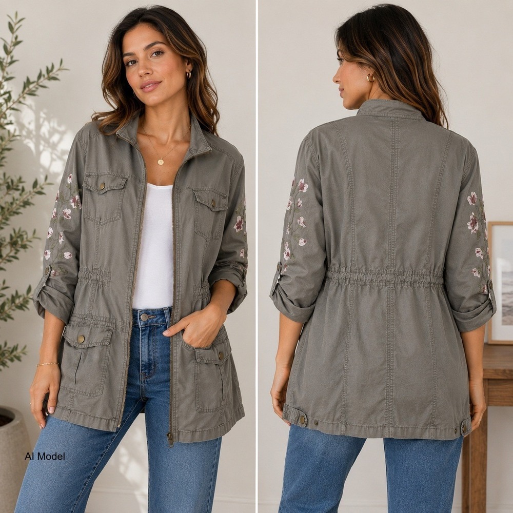 Floral Embroidered Utility Jacket Womens 2X Gray Green Boho Cargo Grunge *
